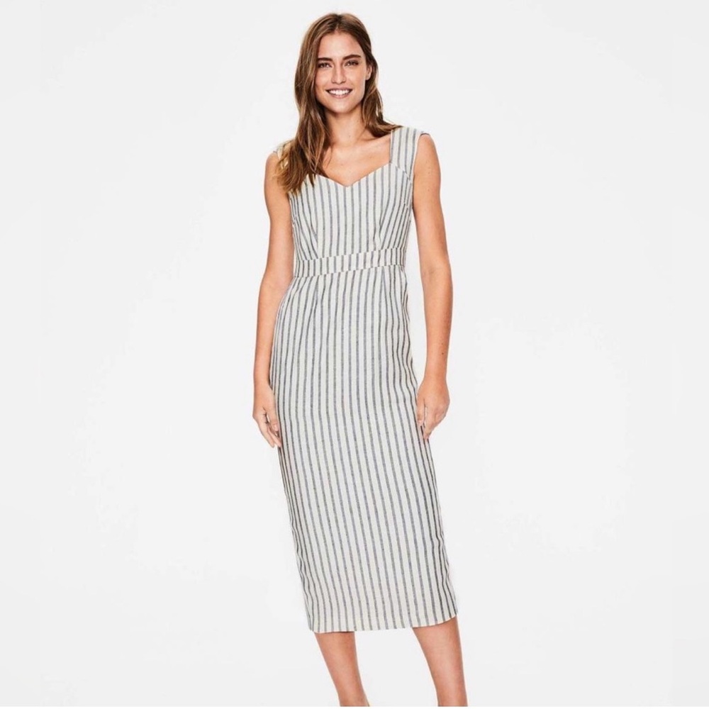 Boden Frances Navy and White Striped Midi Sheath Dress US 10 UK 14